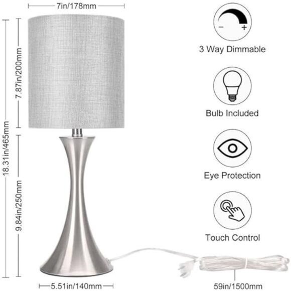 3 Way Touch Control Table Lamp, Dimmable Bedside Desk Lamp with Metal Base - Picture 4 of 7